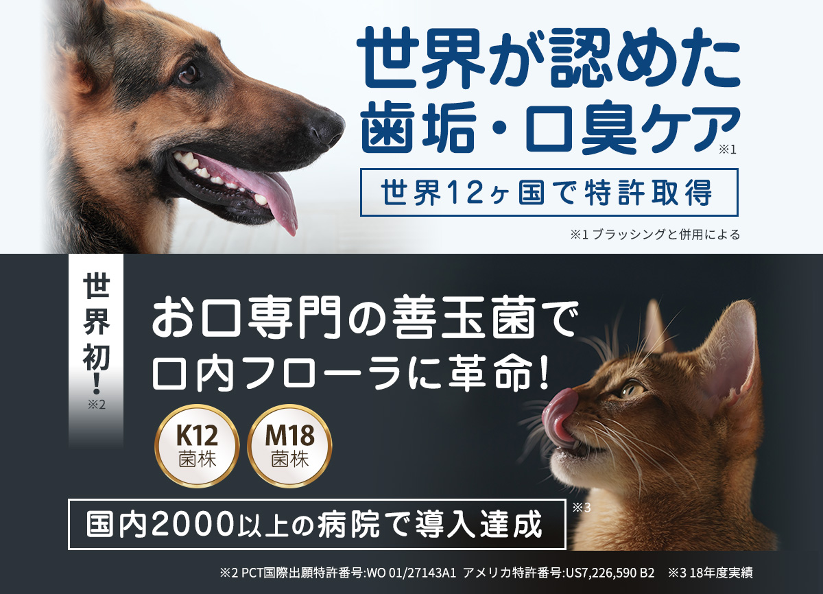 世界が認めた歯垢・口臭ケア 世界12ヶ国で特許取得 世界初!お口専門の善玉菌で口内フローラに革命!K12菌株・M18菌株 国内2000以上の病院で導入達成