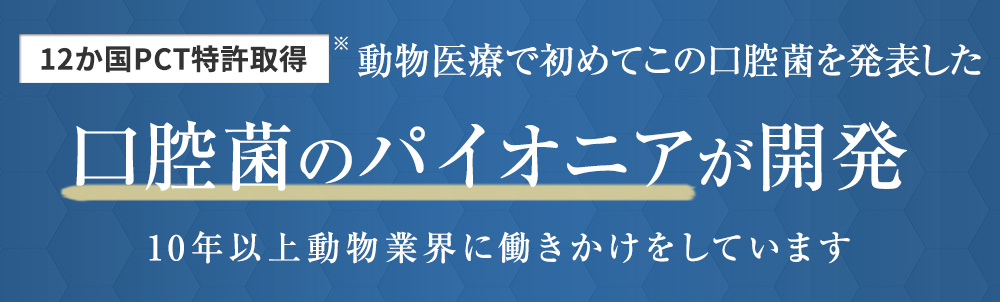 12か国PCT特許取得 動物医療で初めてこの口腔菌を発表した口腔菌のパイオニアが開発 10年以上動物業界に働きかけをしています
