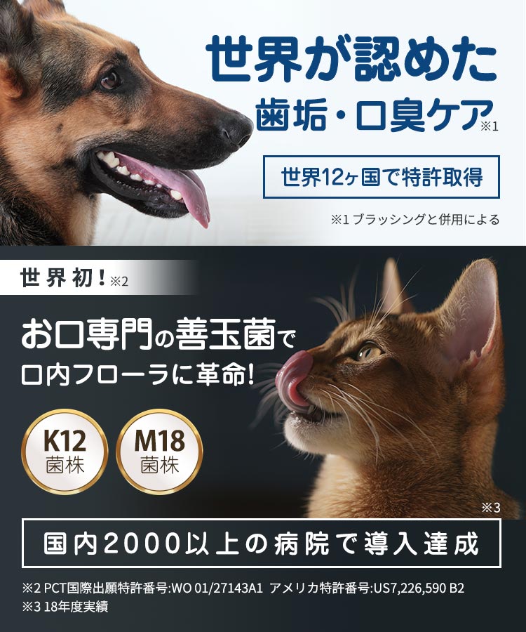 世界が認めた歯垢・口臭ケア 世界12ヶ国で特許取得 世界初!お口専門の善玉菌で口内フローラに革命!K12菌株・M18菌株 国内2000以上の病院で導入達成