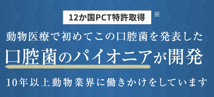 12か国PCT特許取得 動物医療で初めてこの口腔菌を発表した口腔菌のパイオニアが開発 10年以上動物業界に働きかけをしています